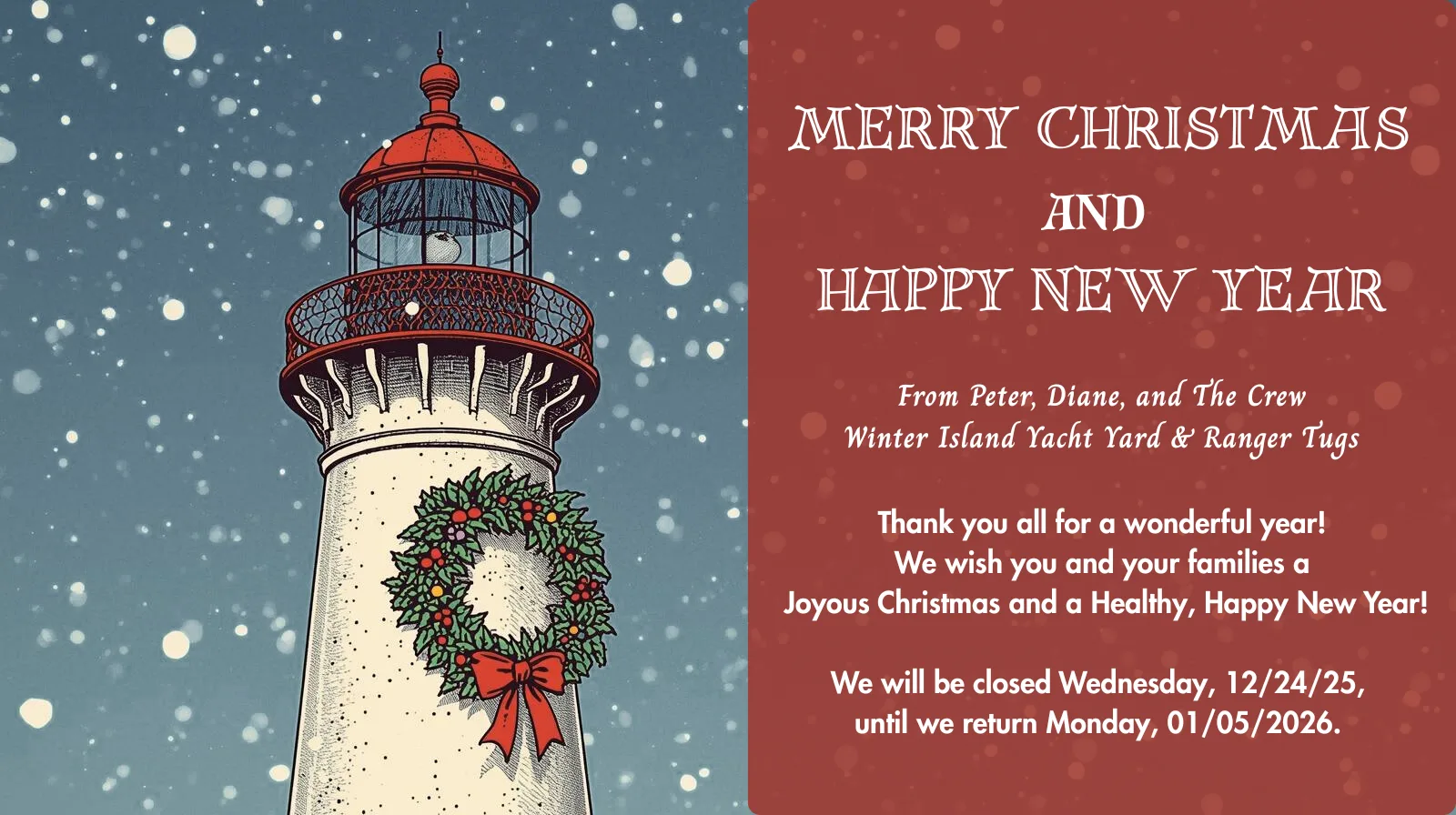 Merry Christmas 2024 from Peter, Diane, and The Crew at Winter Island Yacht Yard